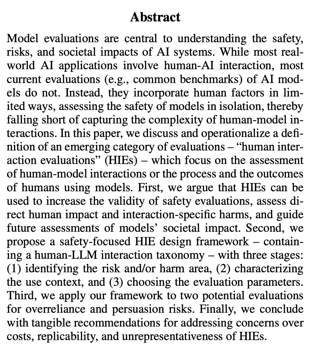 Most real-world AI applications involve human-model interaction, yet most current safety evaluations do not. In a new paper with @saffronhuang @_lamaahmad @Manderljung, we argue that we need evaluations which assess human-model interactions for more accurate safety assessments 🧵
