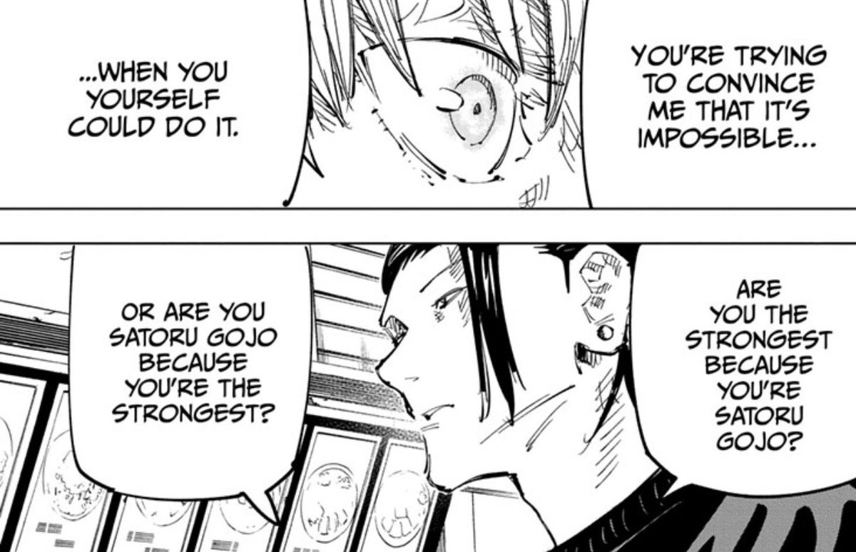 love how this chap reverts back to getos question. if yuta wins by using gojos body as a mere tool then gojo was only strong bc of the gifts he was born with, if yuta is defeated by sukuna then gojo was the strongest simply bc HE is satoru #jjk261