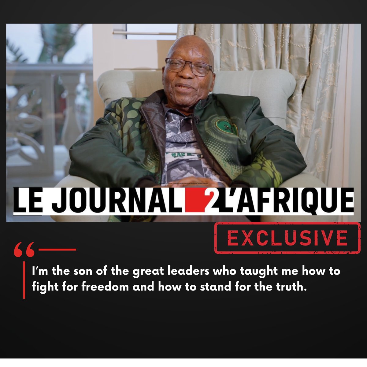 LeJDAfrique_EN's tweet photo. Exclusive for Le Journal de L'Afrique : 
#ZumaSpeaks 
"I'm a man who fought for freedom, who went to prison for it" 

Watch the full interview now ➡️ https://t.co/HTrNSGNY3F https://t.co/oMANapxSAU