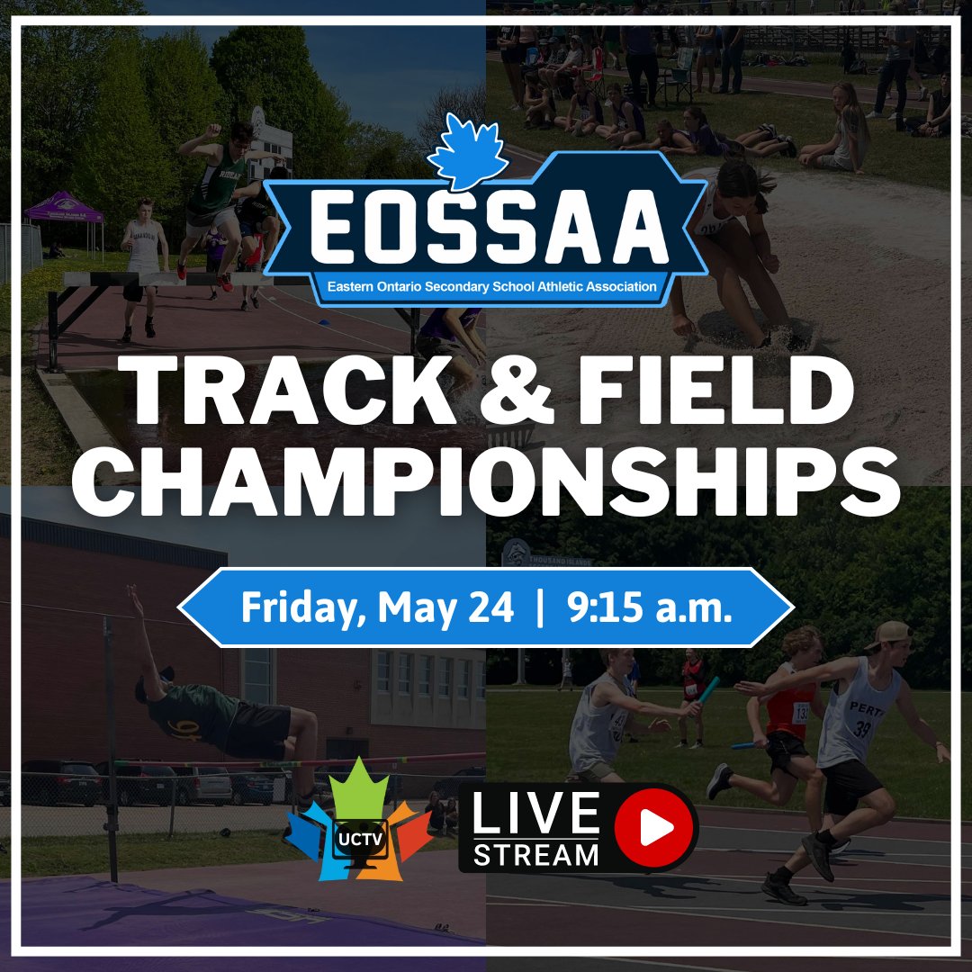 📢 LIVESTREAM ALERT - We'll be live on our YouTube channel Friday, May 24, at 9:15 am for 2023-24 EOSSAA Track & Field Championships @ Thousand Islands SS. Livestream link: ow.ly/T15H50RSz59 Join us in cheering on our #UCDSB athletes! 💪 @theeossaa