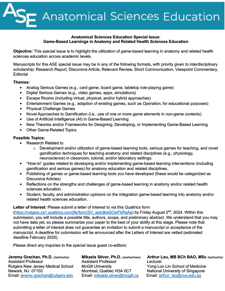 Announcing the final installment of Game-On! June 27 at 10:00 am EDT. Dive into the evaluation process and explore how this relates to educational research. Sign up today: ow.ly/LtQg50RPC4m

#Anatomy25 #AnatomyConnected #anatomy #science #research #education #AAA