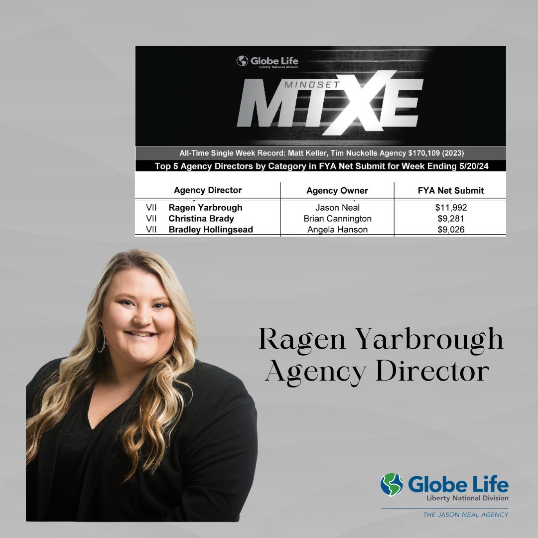 Agency Director Ragen Yarbrough does it again!! She was a top AD with a submit of $11,992 last week!  #MTXE #globelifelifestyle #libertynational #thejasonnealagency
