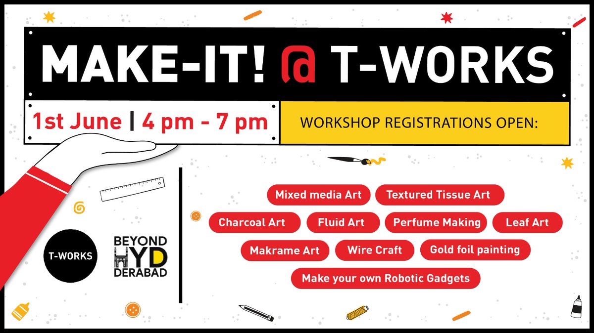 Join us at T Works for Make-it! on June 1st, 4-7 PM! Dive into making with workshops in science, design, and art. Try charcoal art, gold foil painting, fluid art, wirecraft, perfume making, and build your own robots. Click here to register: tworks.telangana.gov.in/makeit