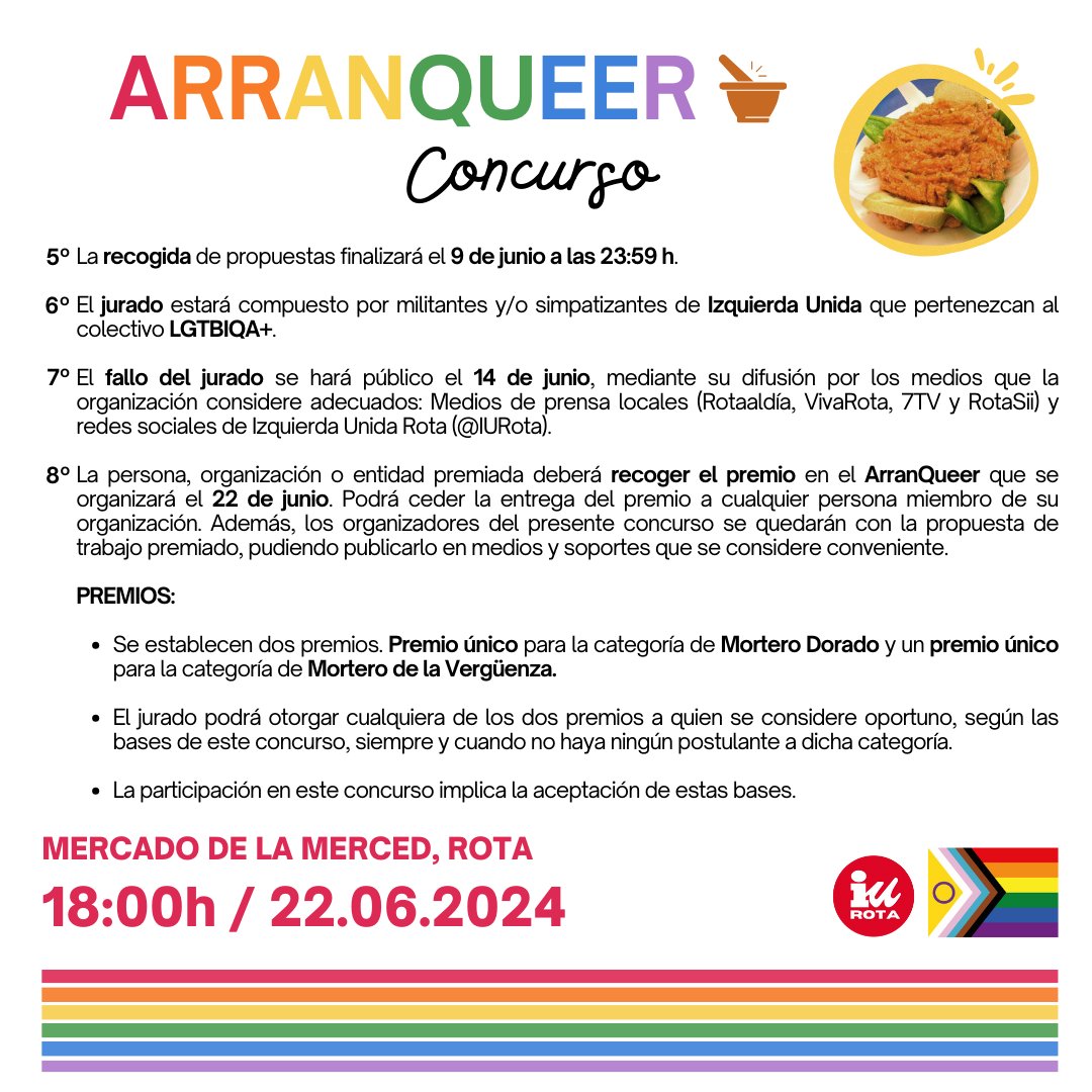🌟 ¡Novedades en ArranQueer 2024! 🌟

Anunciamos las bases de nuestro concurso:
🔸 Mortero Dorado
🔹 Mortero de la Vergüenza

📅Envía tus propuestas antes del 9 de junio a izquierdaunidarota@hotmail.es.

#ArranQueer #OrgulloCrítico #PremiosLGTBIQA #DiversidadSexual #IURota