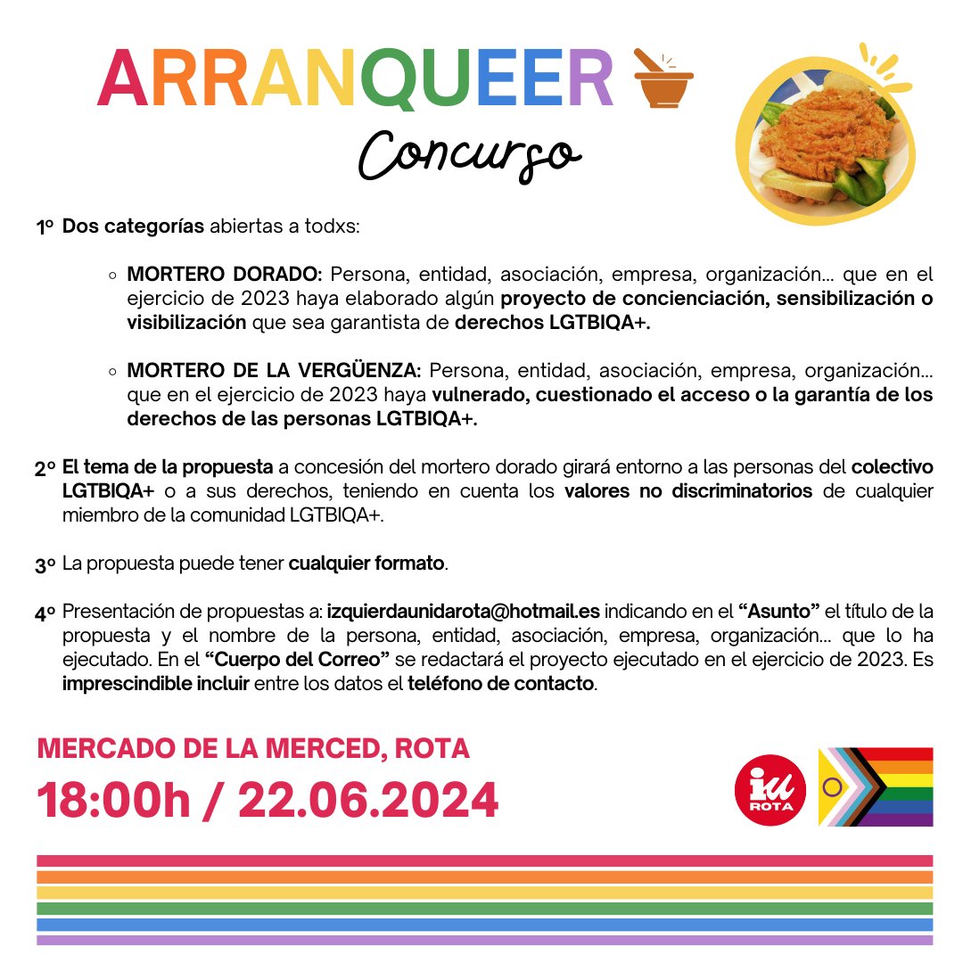 IURota's tweet photo. 🌟 ¡Novedades en ArranQueer 2024! 🌟

Anunciamos las bases de nuestro concurso:
🔸 Mortero Dorado
🔹 Mortero de la Vergüenza

📅Envía tus propuestas antes del 9 de junio a izquierdaunidarota@hotmail.es.

#ArranQueer #OrgulloCrítico #PremiosLGTBIQA #DiversidadSexual #IURota https://t.co/wbR8jq0lCq