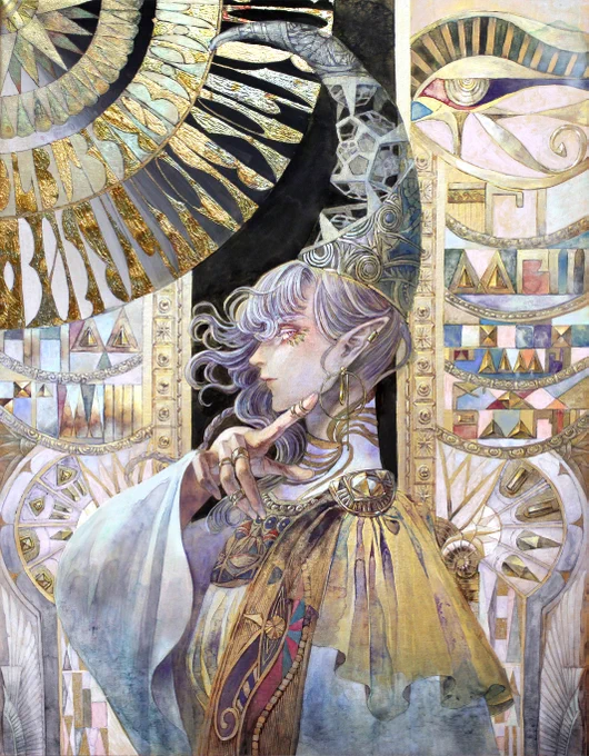 #作画カロリーの高い作品を上げようぜ 近年だとやっぱりこのアナログ絵連作!1枚目から順に幾何学・音楽・数学・天文学の魔術師のイメージで描いた。手数もだけど描き始めるまでの調べ物も大変だった〜でも思い出も思い入れもたくさん…