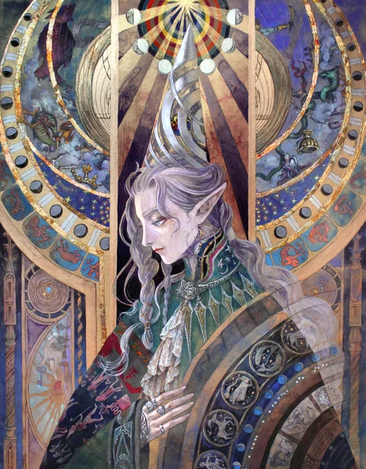 #作画カロリーの高い作品を上げようぜ 近年だとやっぱりこのアナログ絵連作!1枚目から順に幾何学・音楽・数学・天文学の魔術師のイメージで描いた。手数もだけど描き始めるまでの調べ物も大変だった〜でも思い出も思い入れもたくさん…