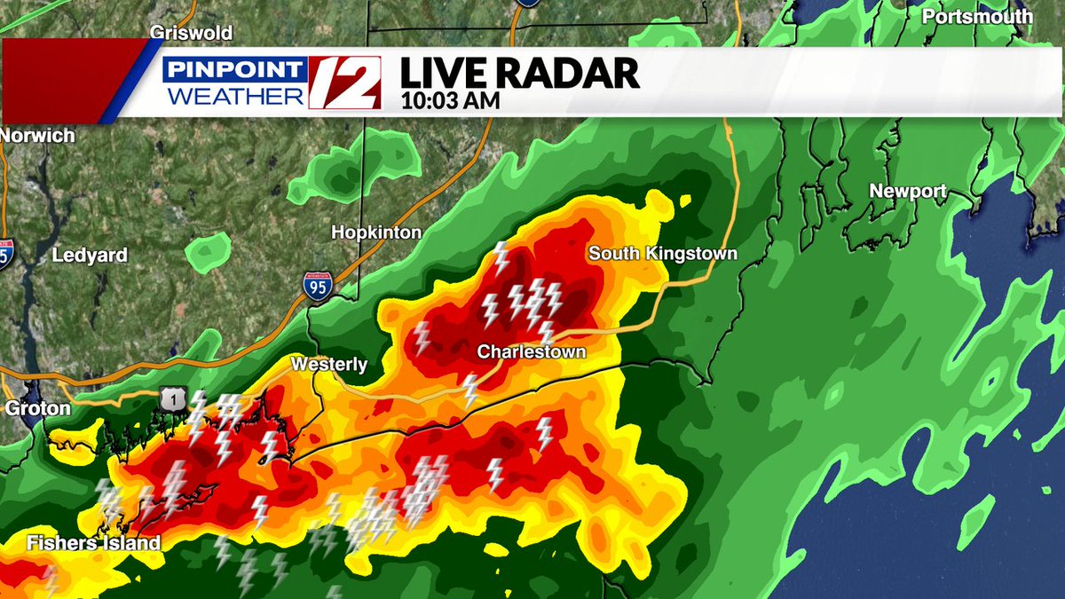 10AM RADAR CHECK: Hefty thunderstorm over Westerly, Charlestown and South Kingstown. Lots of lightning, heavy rain and some hail. Stay indoors until this storm passes.