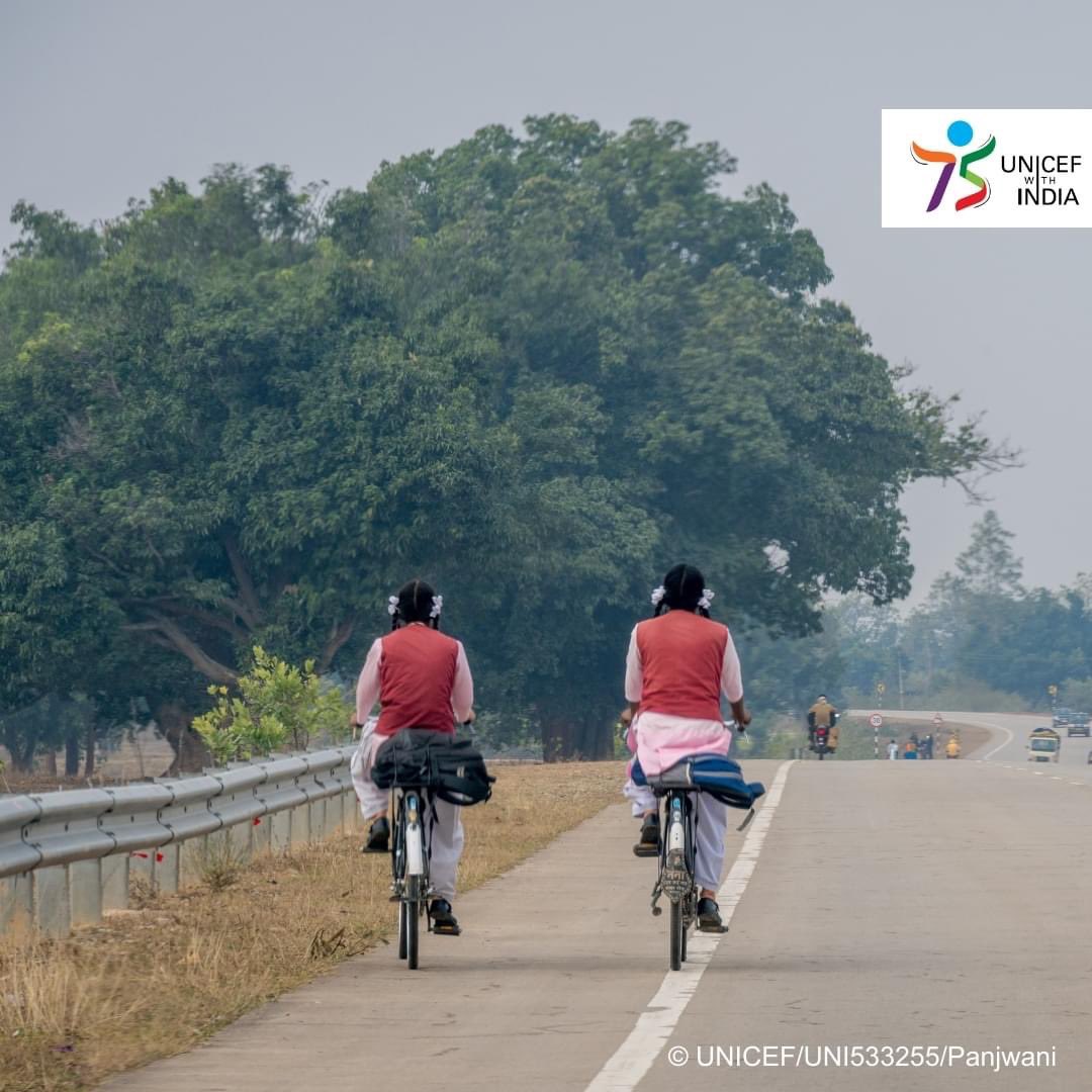 Amisha and Nisha travel 10 kms each way on their cycle to attend school every day. For children between ages 5-19, road traffic injuries are the leading cause of death in the 🌍. #Roadsafety solutions that are designed with the most at risk in mind first, like children and