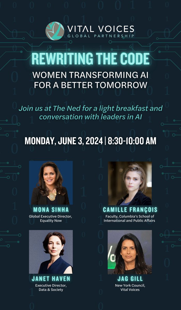 Vital Voices is coming to New York Tech Week! Join us for a light breakfast and conversation on ethical #AI practices with leading tech experts, including on June from 8:30-10:00AM. RSVP to attend: support.vitalvoices.org/event/rewritin… #womenintech @monanyhk @camillefrancois @janethaven