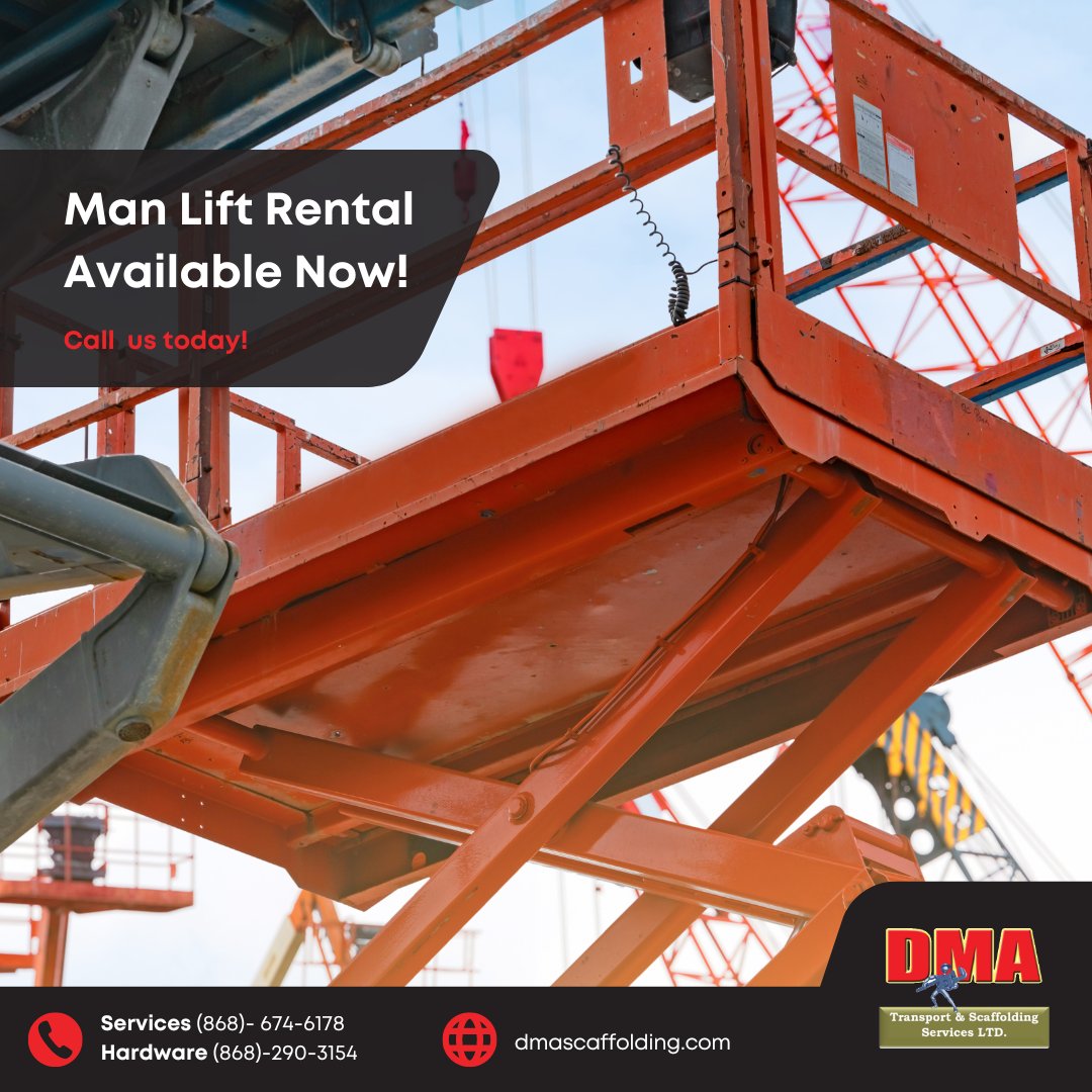 dmascaffolding's tweet image. 🚧 Enhance your project efficiency and safety with our reliable man lift rentals. 

Perfect for construction, maintenance, and more. 🏗️ 

#ManLiftRentals #ProjectEfficiency #SafetyFirst 
.
Call us today! 📞 (868)-674-6178
Visit - dmascaffolding.com