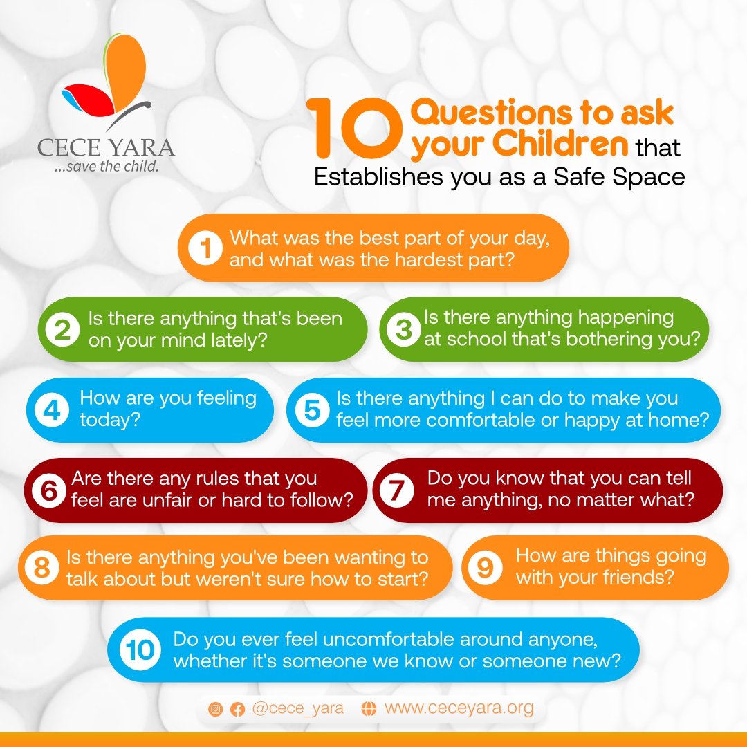 Save this and try it with your children!

Ensuring that a child feels safe and supported requires ongoing, open communication. These are some question prompts that parents and caregivers can use to help create a safe space for their children.

#protectchildren #preventabuse