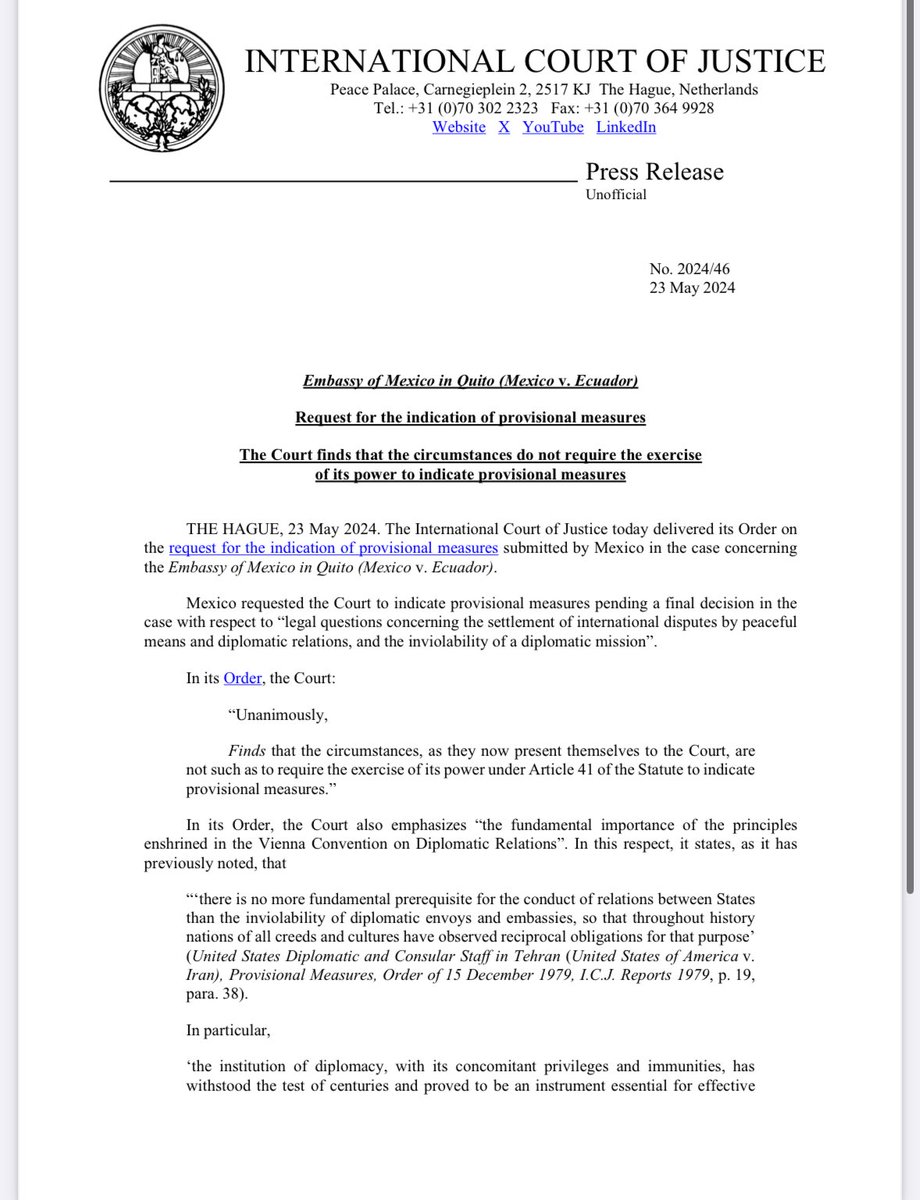 gfrias's tweet photo. 🚨 Comunicado de la Corte Internacional de Justicia que falla en contra del gobierno de México por el caso de la embajada en Ecuador https://t.co/RYBmuW1CVB