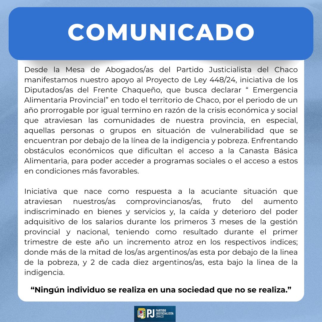 ⚖️ Desde la Mesa de Abogados/as del Partido Justicialista del Chaco manifestamos nuestro apoyo al Proyecto de Ley N° 448/24, iniciativa de los Diputados/as del Frente Chaqueño, que busca declarar “Emergencia Alimentaria Provincial”. 🍲👥