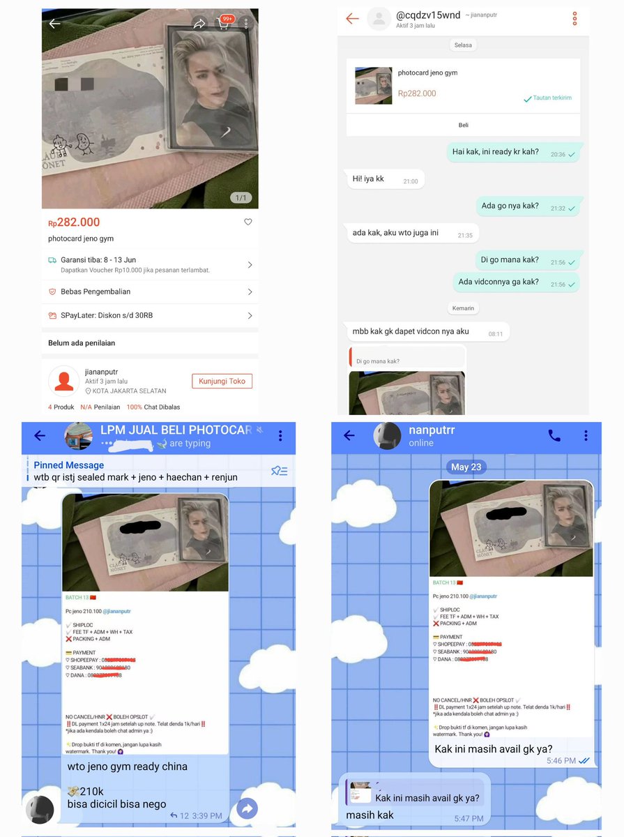 HELP RT ‼️ SCAMMER ‼️

Spay/wa 088214041621 
Ovo 0881025611015
Shopee : Jinanputr / elrayequratul
Twit : <a href="/tetehcantikqw/">reyaaa</a> @elrayeqrrrttll
 
Menyalahgunakan proof GO untuk menipu dengan modus wto dan memalsukan bukti tf member GO demi kelancaran penipuannya.

T. Scammer pc nct