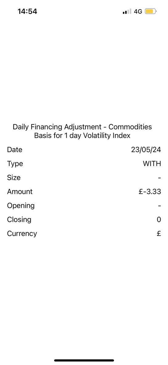 A client sent me the screenshot below. She’s holding roughly £1,300 of VIX CFDs. @IGcom are charging her £3.33 a day to hold this position. Roughly £16.50 a week. £859 for a year, 66% interest. @ChrisB_IG Can you explain this or do we get the FCA involved?