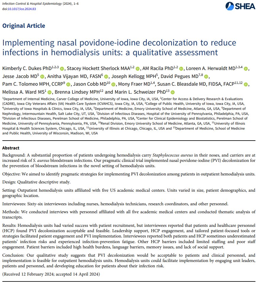 New from @Kimberl99638615, @mssa_marin, others ➡️Nasal povidone iodine to prevent bloodstream infection was hard but acceptable at outpatient hemodialysis units ➡️Patients & personnel should be engaged & educated about patients' infection risk 📄: doi.org/10.1017/ice.20…