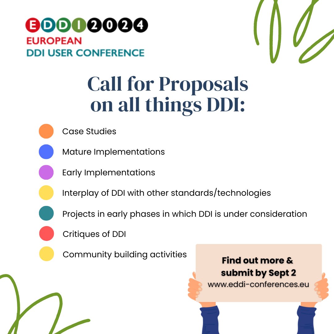 The 16th European DDI User Conference is accepting proposals! Join the #EDDI24 hosts in Chur, Switzerland from Monday 2 to Friday 6 December 2024. Don't miss out! Submit your papers by 2 Sept. Find out more and submit at eddi-conferences.eu

#DDI #MetadataStandard