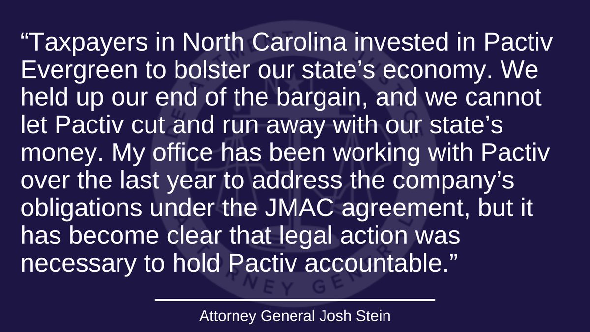 BREAKING: Attorney General @JoshStein_ sued Pactiv Evergreen on behalf of @NCCommerce. In the lawsuit, AG Stein demands that Pactiv Evergreen repay $12 million to the state for breaching a 2014 grant agreement with the Department of Commerce. ncdoj.gov/attorney-gener…