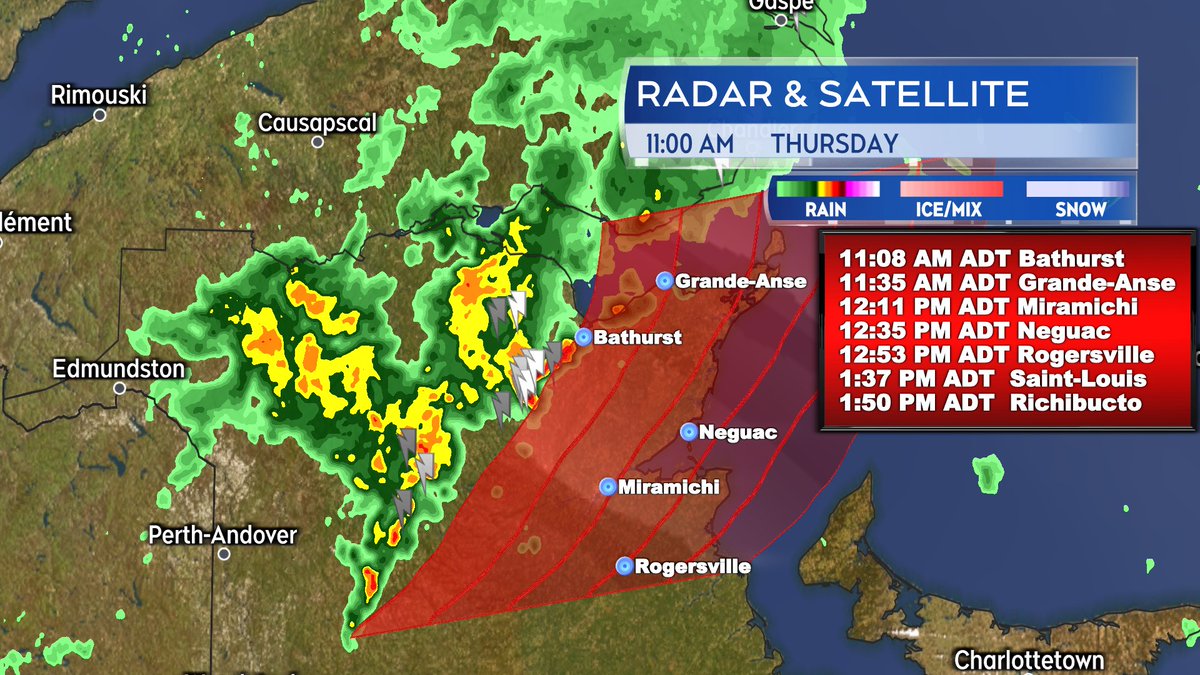 Line of broken t-storms continues across northern NB. Along with lighting they are producing downpours. A Severe Thunderstorm Watch issued by EC. Line moving eastward at about 50-60 km/h. That will take it towards some of the eastern-most communities of NB over next 2-3 hours.