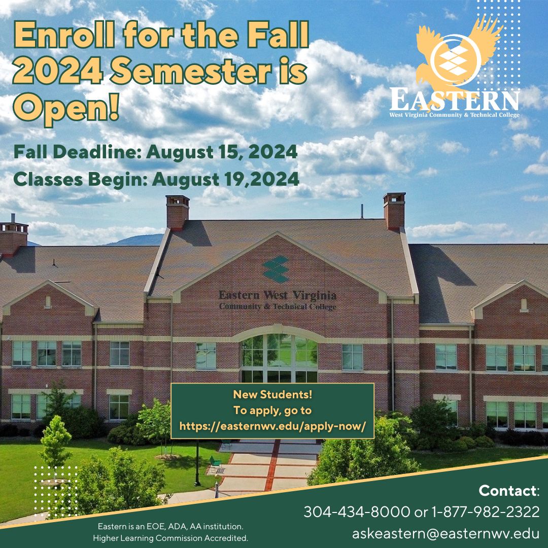 🦅 Soar to the Top! Enroll at #EasternWV today, for the Fall 24 semester!

Call 304-434-8000, email askeastern@easternwv.edu, or stop by campus! If you are on campus, ask about a free shirt. Visit easternwv.edu

#EnrollNow #DiscoverEWV #westvirginia #highereducation