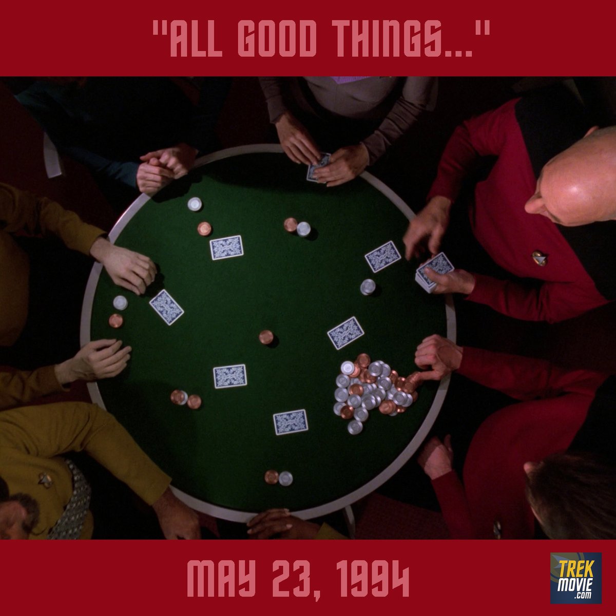 OTD, the #StarTrekTNG series finale 'All Good Things...,' which ended with a scene that would be echoed decades later in #StarTrekPicard. The cast had a 10-day break and then went back to work to film Star Trek Generations.
