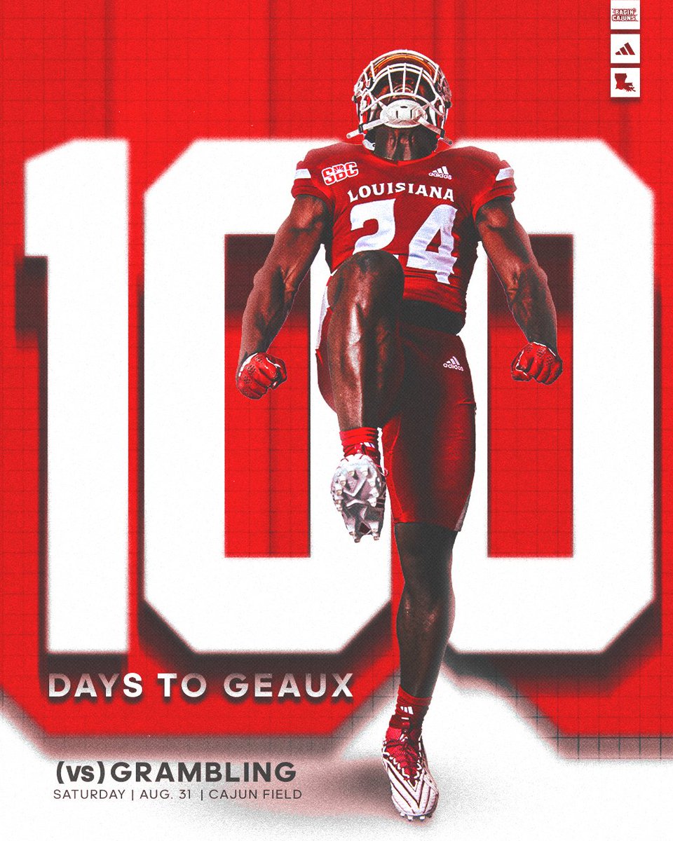 𝗦𝗧𝗔𝗥𝗧 𝗧𝗛𝗘 𝗖𝗢𝗨𝗡𝗧𝗗𝗢𝗪𝗡 100 days to geaux until kickoff at Cajun Field! #cULture | #GeauxCajuns