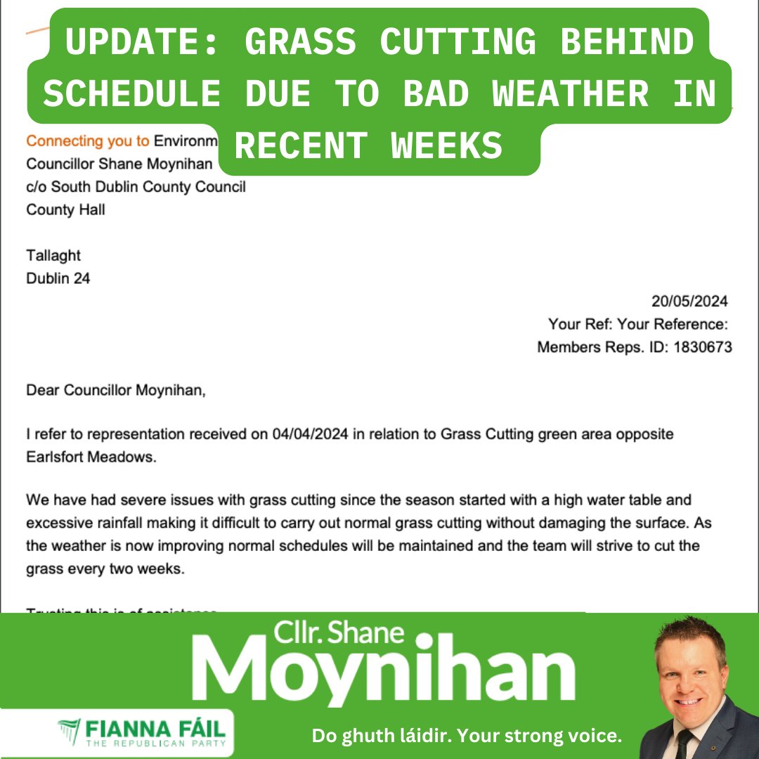 A number of folks have contacted me about delays in grass cutting. I've raised this with the Public Realm section and there is a delay in getting grass cut because of the large volume of rainfall in weeks previous. The team are clearing that backlog but feel free to msg me.
