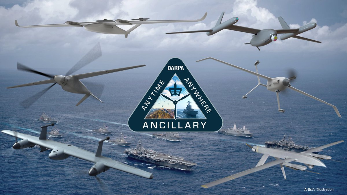 DARPA's ANCILLARY program shows off six concepts for the future of ship-launched, vertical takeoff and land (#VTOL) uncrewed aerial systems (#UAS, #UAV, aka #drones), and announces the companies creating the designs. darpa.mil/news-events/20…