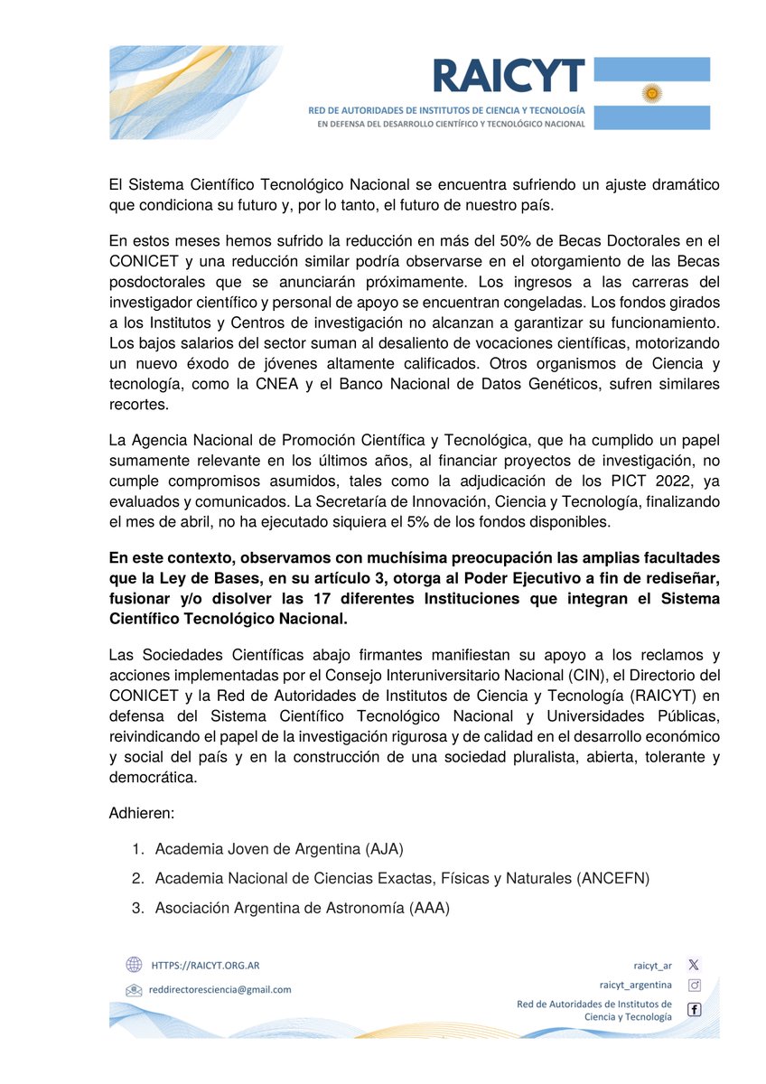 RAICYT_Ar's tweet photo. ¡Actualizamos!  

66 sociedades científicas manifiestan su apoyo a los reclamos y reivindican el papel de la investigación rigurosa y de calidad en el desarrollo económico y social del país y en la construcción de una sociedad pluralista, abierta, tolerante y democrática. https://t.co/XsfKwlHEIv