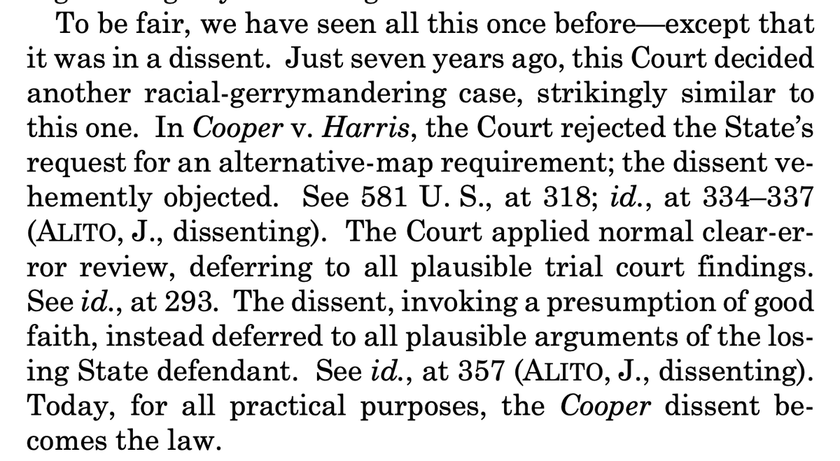 In dissent, Justice Kagan writes that Alito has effectively transformed his earlier dissent in Cooper v. Harris into the law now, making it nearly impossible for federal courts to strike down racist gerrymanders. supremecourt.gov/opinions/23pdf…