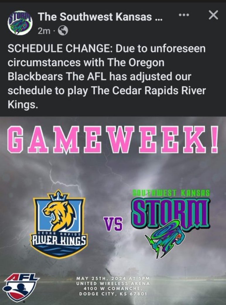 The @SWKStormFB has announced yet another schedule change. They will no longer be playing @OfficialAFL opponent @OregonAFL. Instead, they will be playing #AIF team @CRRKFootball.