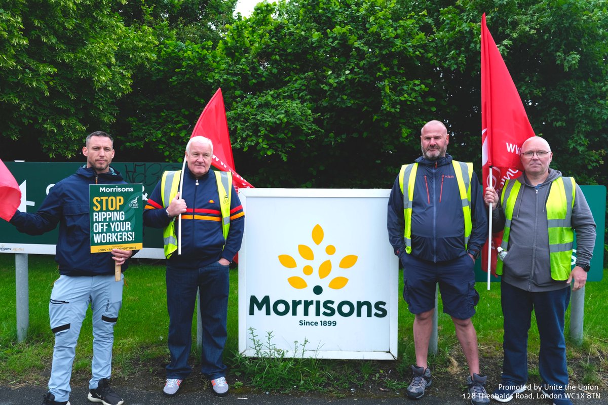 🚨 Strike Alert The 1st day of strike action from our members at @Morrisons after enforced changes to pension contributions could leave workers £500 worse off Strike will continue until 5am 26 May with further dates planned in June unless resolved #UniteNEYH #JobsPayConditions