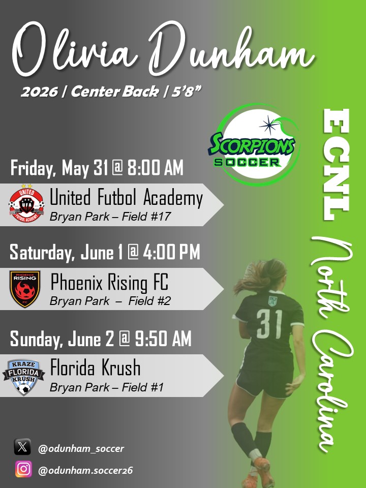 Here's our North Carolina schedule.  Would love to see you on the sideline to support our Scorpions 08 ECNL team! #unstoppabletogether 🙌⚽️

@TopDrawerSoccer @ImYouthSoccer 
@PrepSoccer @ImCollegeSoccer @collegesoccercr @NESoccerJournal @PrepSoccer @girlssoccernet