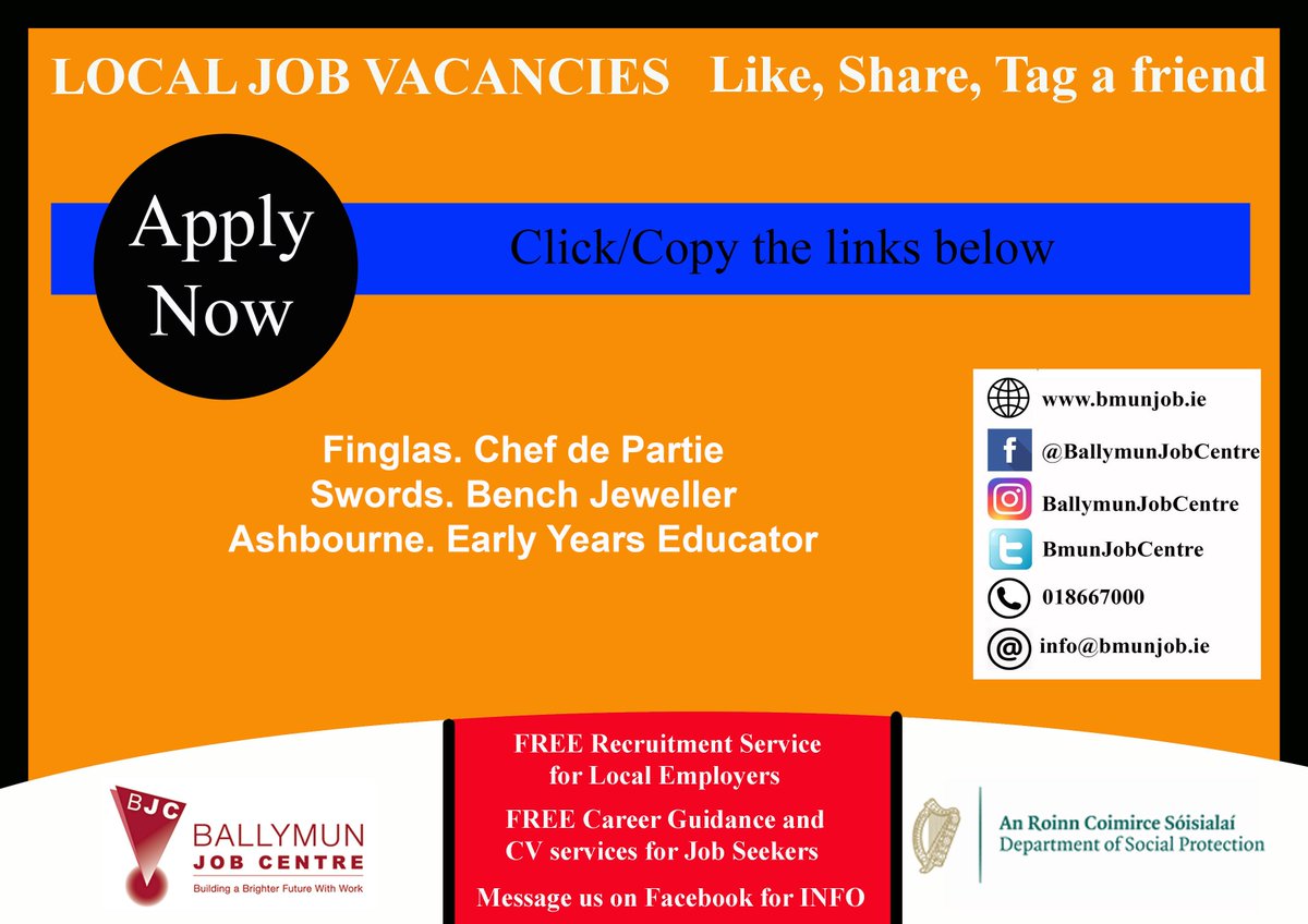 👉 Visit us at: Bmunjob.ie Vacancies #bmunjob #jobfairy #dublinjobS Finglas. Chef de Partie jobsireland.ie/en-US/job-Deta… Swords. Bench Jeweller jobsireland.ie/en-US/job-Deta… Ashbourne. Early Years Educator jobsireland.ie/en-US/job-Deta…