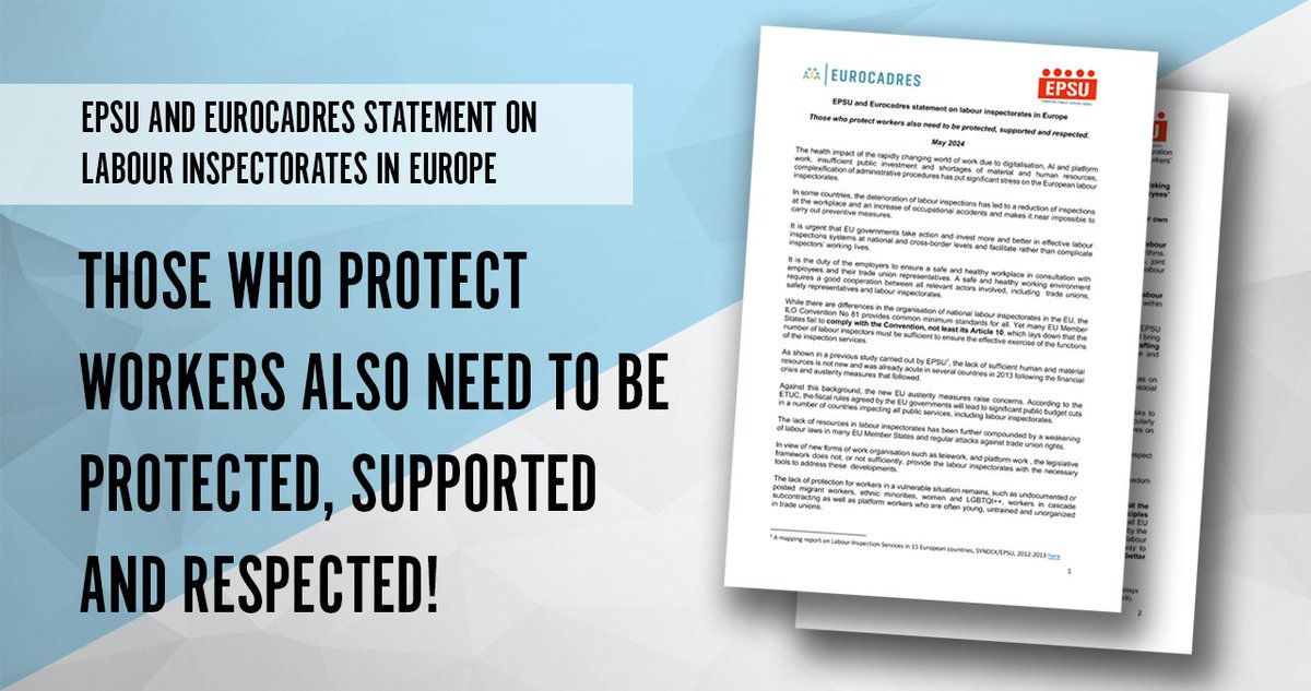 🚨 EPSU and @Eurocadres have launched a joint statement calling for EU action to tackle the crisis in labour inspectorates. 🤑Chronic underfunding is endangering the safety of these workers - and all workers. Read the statement 👉 bit.ly/3VcBS04