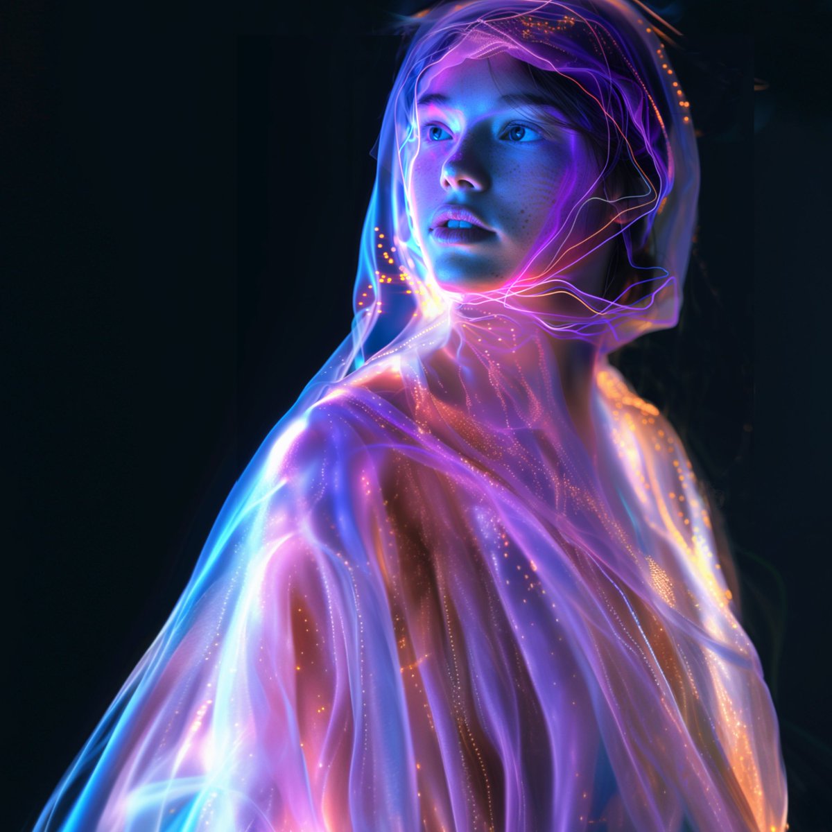 The space cape is made of a semi-living material inspired by deep-sea creatures.
Characteristics: Bioluminescence, electrical protection, oxygenation, resistance to pressure, invisibility by imitation of colors and textures, modular density.
1/2