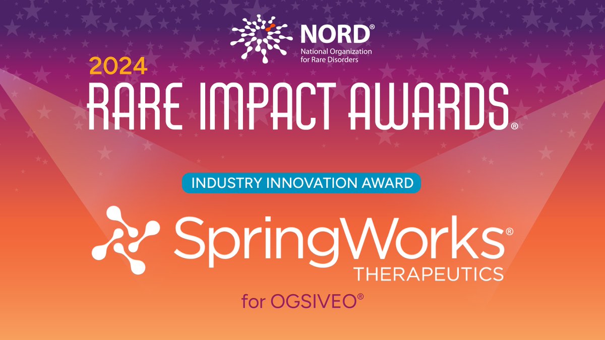 One of our #RareImpactAwards Industry Innovators is @SpringWorksTx, developers of the first FDA-approved treatment for adults with progressing #DesmoidTumors who require systemic treatment. Meet all of the 2024 Honorees: rareimpact.org