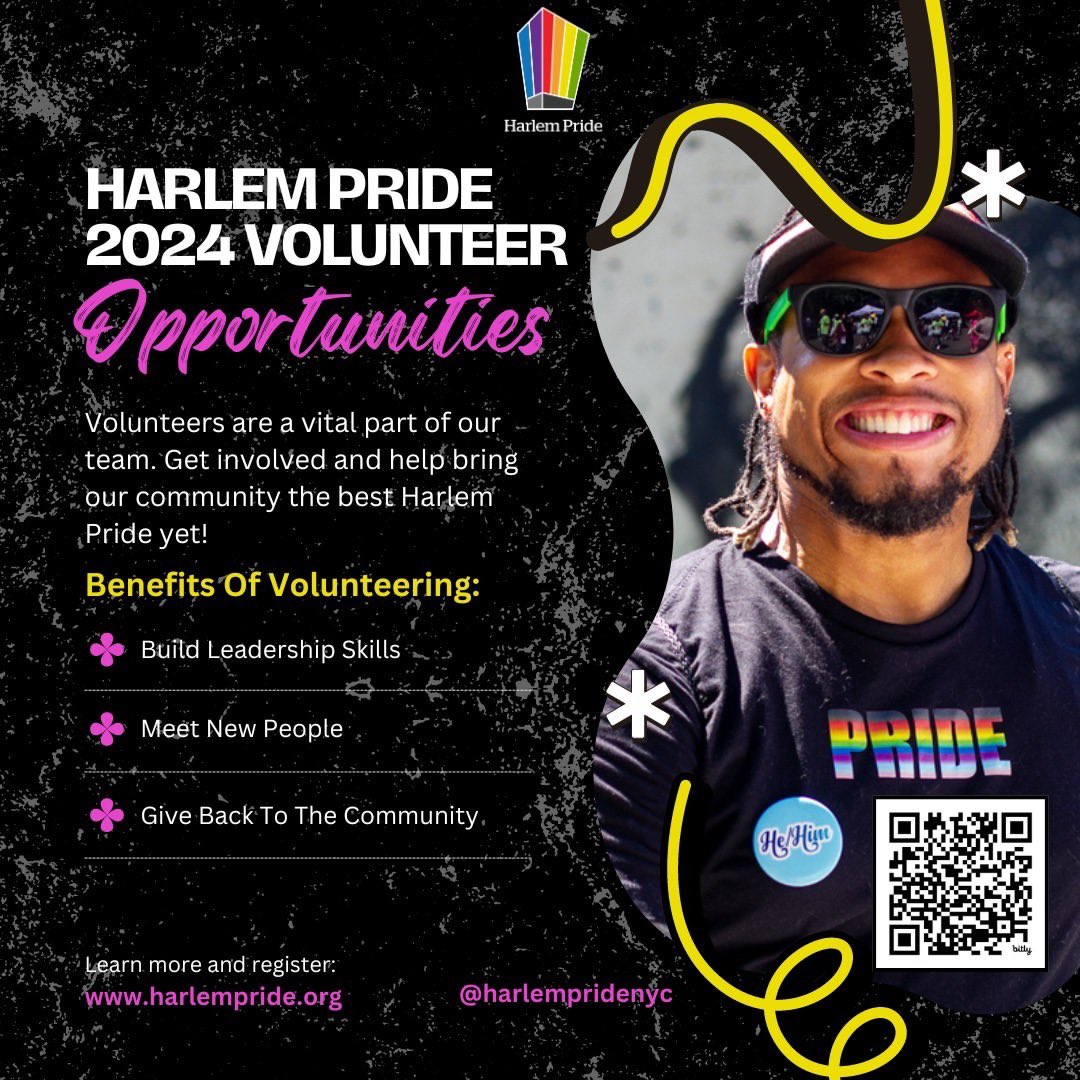 WestHarlemDC's tweet photo. Harlem Pride: Call For Volunteers

#HarlemPride 2024 is right around the corner &amp; there’s still time to get involved!

Sign up to be a volunteer &amp; help build community. 

Scan the QR code or visit the link below to learn more.

https://t.co/kvZqy3Cqjt

#Pride #lgbtq🌈 #WHDC https://t.co/8CVVOf2qxR