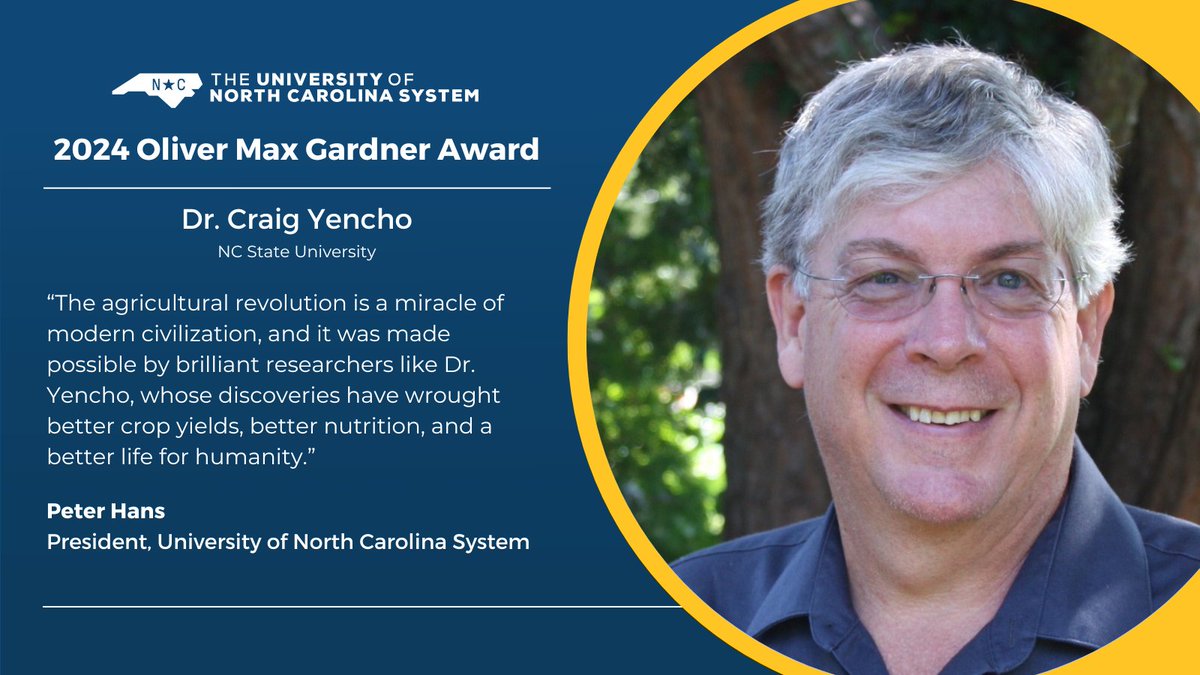 UNC System (@unc_system) on Twitter photo The UNC System is proud to present the 2024 Oliver Max Gardner Award to Dr. Craig Yencho from <a href="/NCState/">NC State University</a>, whose sweetpotato research is driving economic prosperity for NC and addressing food insecurity worldwide. 🍠 northcarolina.edu/dr-craig-yench… <a href="/NCStateCALS/">NC State College of Agriculture and Life Sciences</a> <a href="/NCStateHort/">NC State Horticultural Science</a> The UNC System is proud to present the 2024 Oliver Max Gardner Award to Dr. Craig Yencho from <a href="/NCState/">NC State University</a>, whose sweetpotato research is driving economic prosperity for NC and addressing food insecurity worldwide. 🍠 northcarolina.edu/dr-craig-yench… <a href="/NCStateCALS/">NC State College of Agriculture and Life Sciences</a> <a href="/NCStateHort/">NC State Horticultural Science</a>