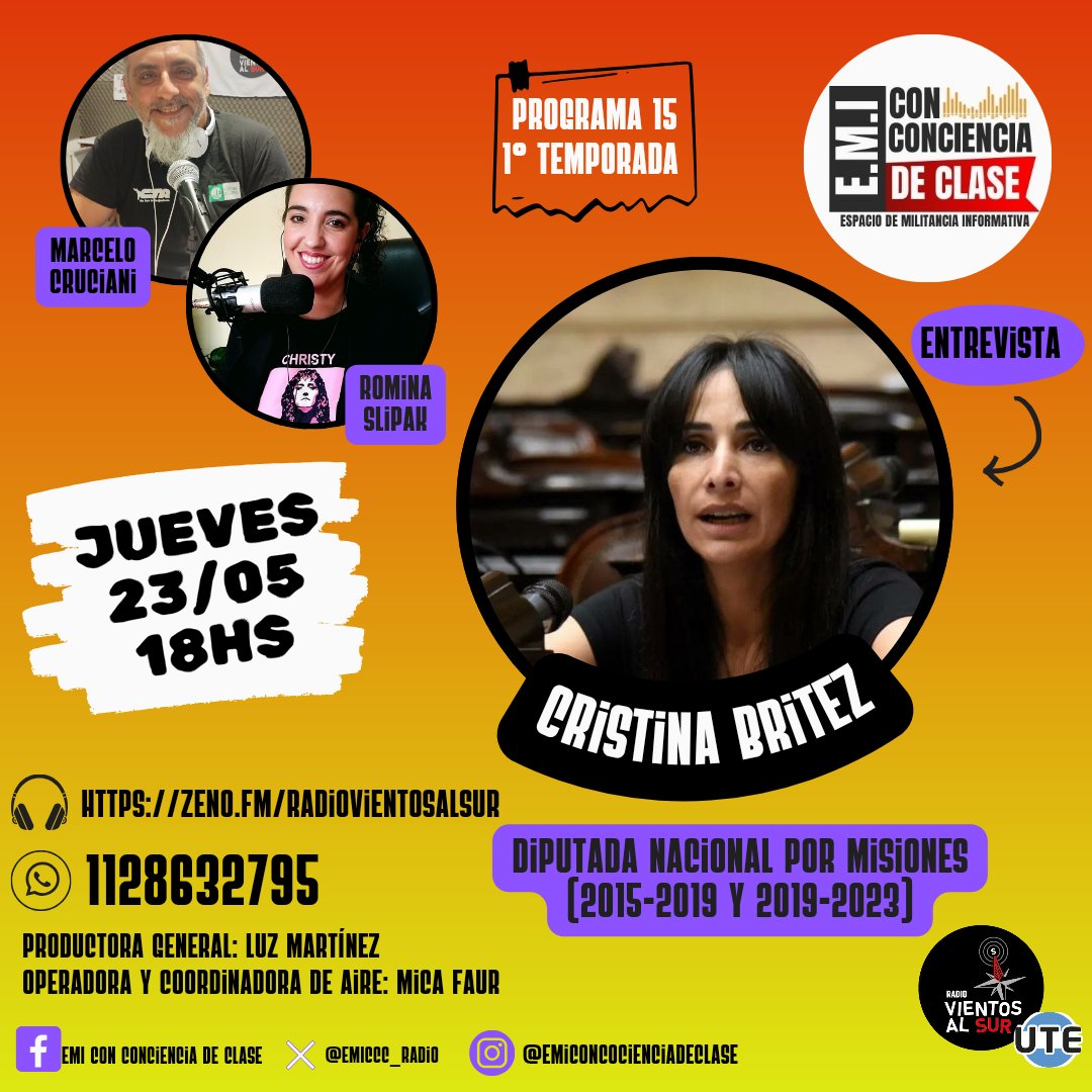 🖤 #Hoy, #jueves, desde las 18hs por @radiovientosalsur 📻
❤️Link para escucharnos en vivo 
zeno.fm/RadioVientosAl…
🧡#EMI #EspacioDeMilitanciaInformativa
🤍#ConConcienciaDeClase

#RadioEnVivo #Misiones
