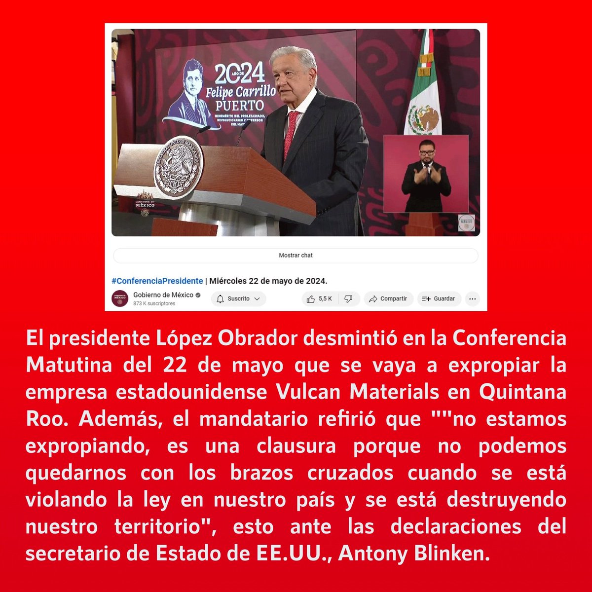 ❌Falso que se vaya a expropiar la firma estadounidense #VulcanMaterials en Quintana Roo ✅El presidente @lopezobrador_ informó el 22 de mayo que no se va a expropiar la empresa Vulcan Materials en #QuintanaRoo y detalló que continuará clausurada ➡️infodemia.mx/entrada/5585