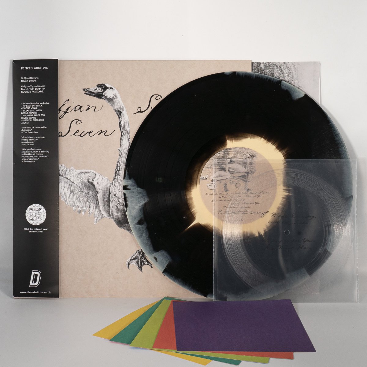 PRE SALE @dinkededition Archive Edition No. 19 Sufjan Stevens - 'Seven Swans - 20th Anniversary Edition' ● Cream in black “Corona” coloured vinyl * ● Bonus 2 track flexi disc 7” ● 7 origami swan sheets* ● Hand-numbered * actionrecords.co.uk/buy/seven-swan…