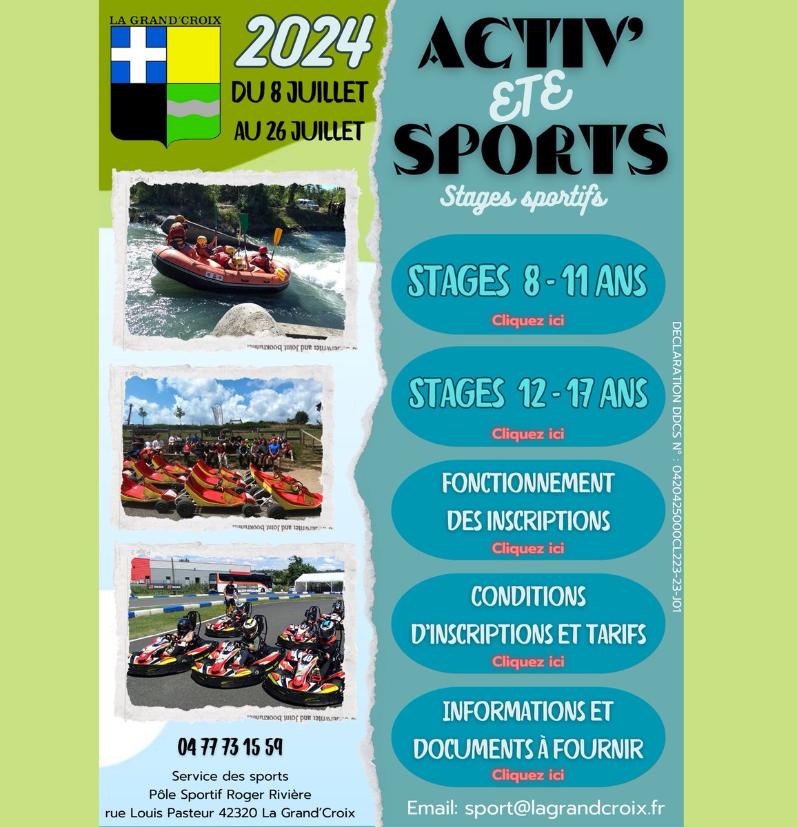 LaGrandCroix's tweet photo. ACTIV SPORTS ÉTÉ 2024 
Vous êtes un adepte des sports et vous êtes toujours partant pour des vacances sportives et pleine de découverte ?  Le service des sports vous propose du 08 au 26 juillet 2024, des stages sportifs pour les enfants de 8 à 17 ans. https://t.co/91vo4oB6By https://t.co/NIdWZ27PXg
