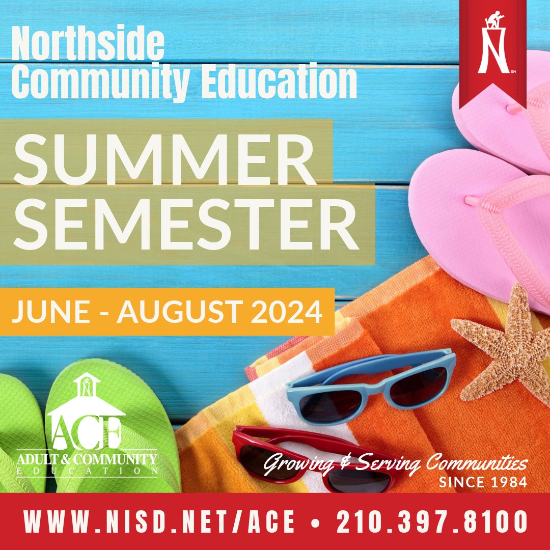 NISD_ComEd's tweet photo. We're excited to announce that registration is now open for our summer Community Education programs, featuring a diverse array of adult classes and youth camps. Visit https://t.co/64w5yWXgIA or call (210)397-8100 for more information! #communityeducation #nisdace #learnforlife https://t.co/V6QExNiHVI
