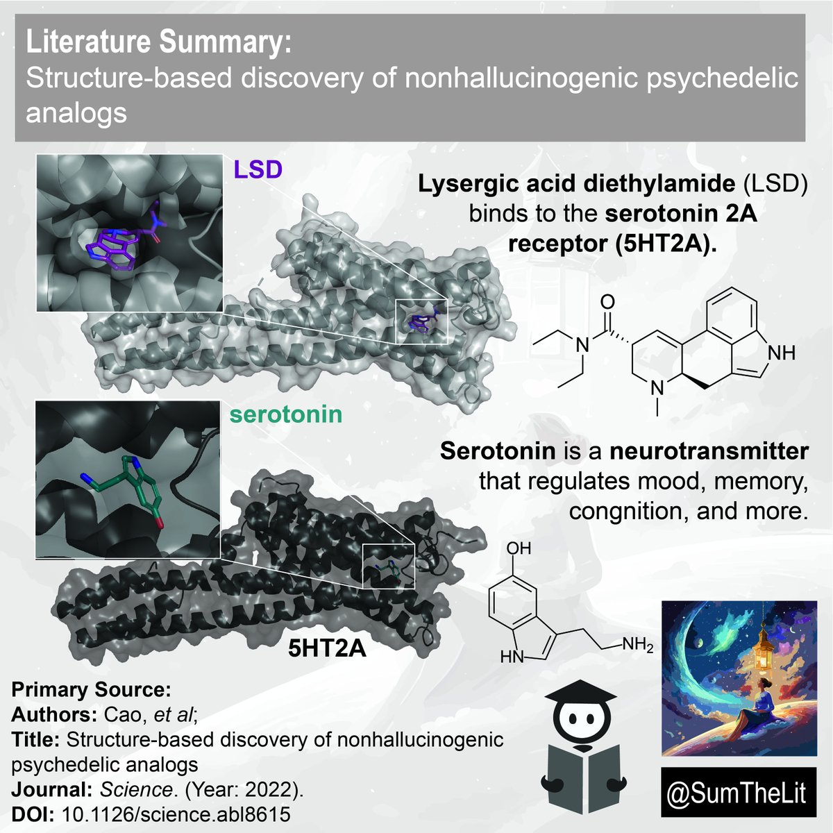 SumTheLit's tweet photo. Let's summarize a med chem article (DOI: 10.1126/science.abl861). ✨🧠

The authors of this paper used the crystal structures of psychedelics and similar compounds to design a “nonhallucinogenic psychedelic”.🧪🩺🍄🌿🥼

#psychedelics #medchem #sumthelit #LSD #psilocin #psilocybin https://t.co/uncjgfs6Wy