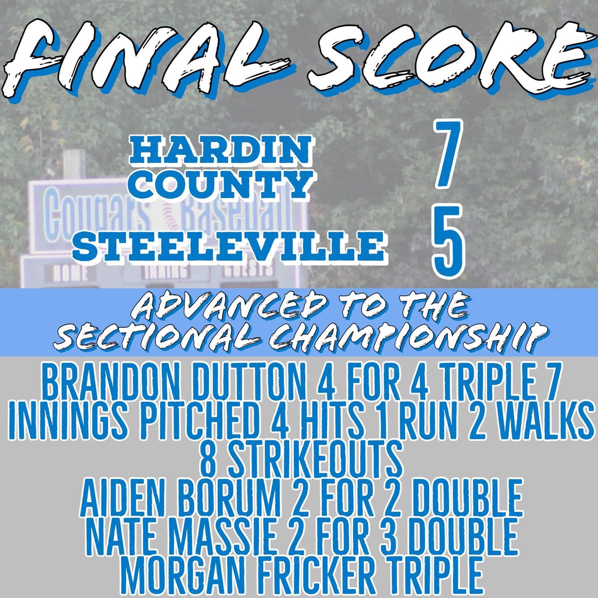 Hardin County Cougar Athletics (@cougarhardin) on Twitter photo Cougars advance to the Sectional Championship!!⚾️<a href="/b_dutton07/">Brandon Dutton</a> <a href="/AidenBorum/">Aiden Borum</a> <a href="/morgan_fricker/">Morgan Fricker</a> Cougars advance to the Sectional Championship!!⚾️<a href="/b_dutton07/">Brandon Dutton</a> <a href="/AidenBorum/">Aiden Borum</a> <a href="/morgan_fricker/">Morgan Fricker</a>