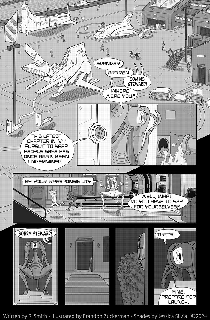 New BANISHED ONLINE page

banishedonline.com/comic/4

The spaceport turned out really fun! I love what Brandon did with the material

Written by <a href="/RyanComics/">ryancomics.bsky.social</a>
Art by <a href="/ManOrCatman/">Brandon Zuckerman</a>
Shading by <a href="/Buboniccc/">Bubonicc</a>

⭐️Patreon⭐️
patreon.com/ryancomics
