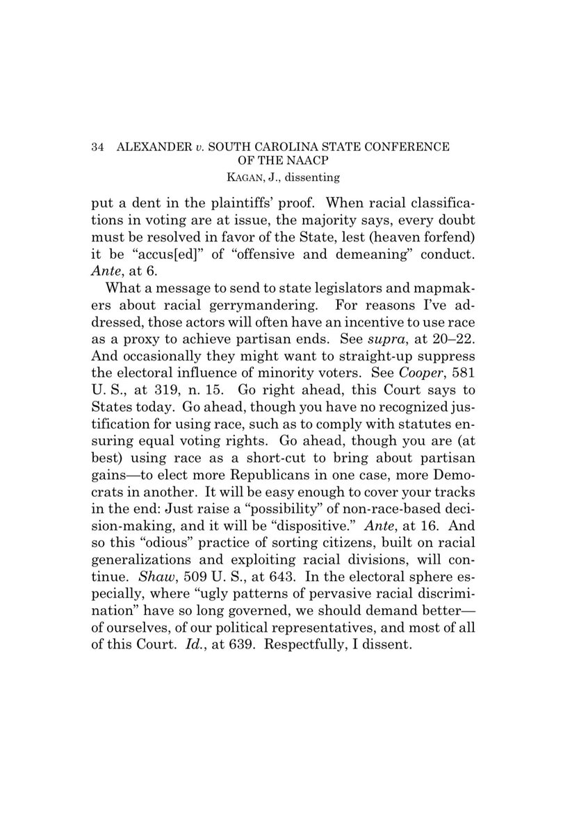 In a 6-3 decision, the Supreme Court allows Republicans to use a racially gerrymandered South Carolina voting map, ignoring the findings of the trial court that heard the evidence. All 6 Republican appointees agree. All 3 Democratic appointees dissent. supremecourt.gov/opinions/23pdf…