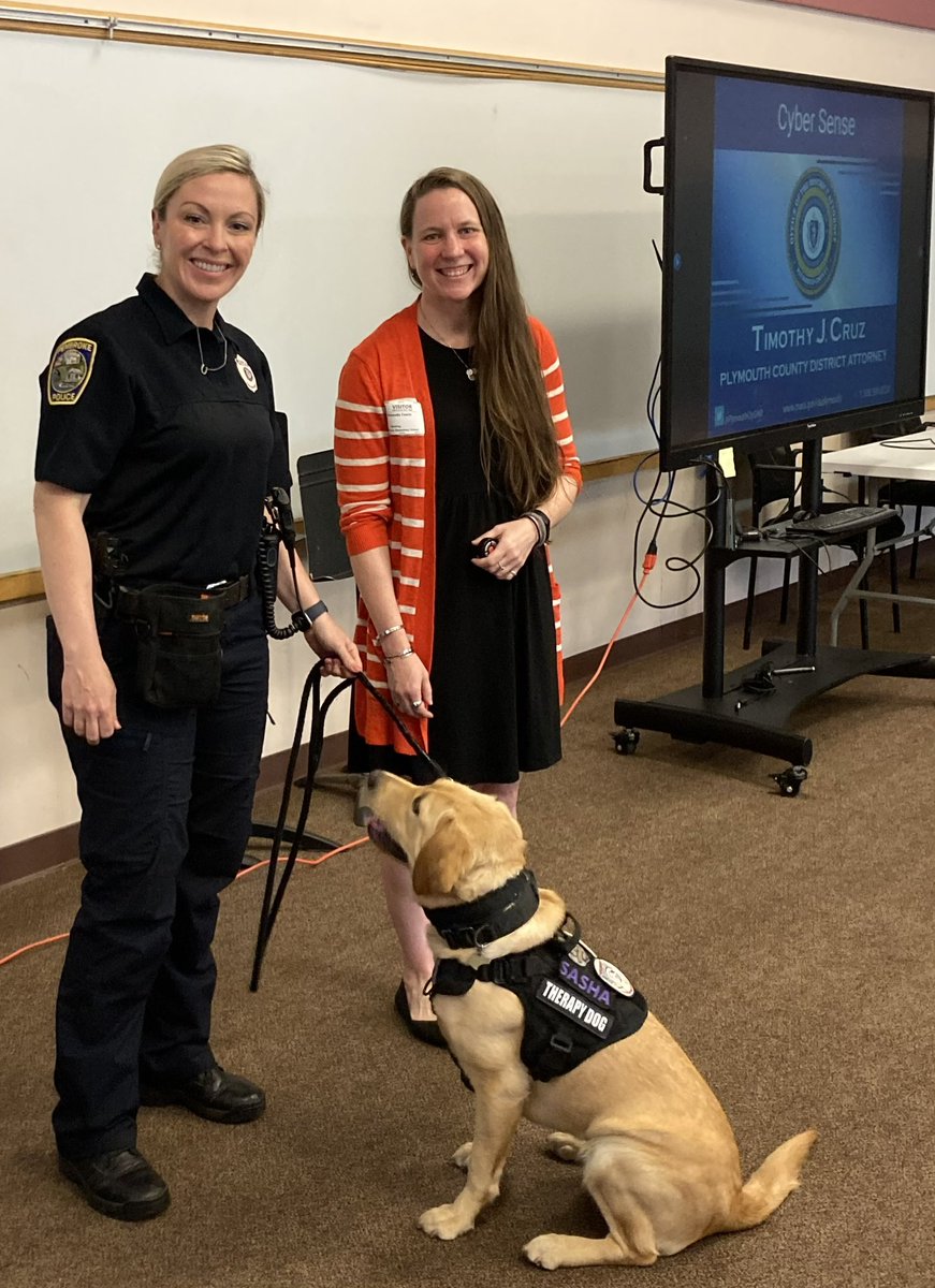 We are sharing CyberSense all around the county today. First stop, ADA Elizabeth Marvel addressed Freetown Lakeville Middle School students this morning. Second stop, Sasha and handler Officer Simmons welcomed ADA Amanda Fowle to North Pembroke Elementary to speak to students.